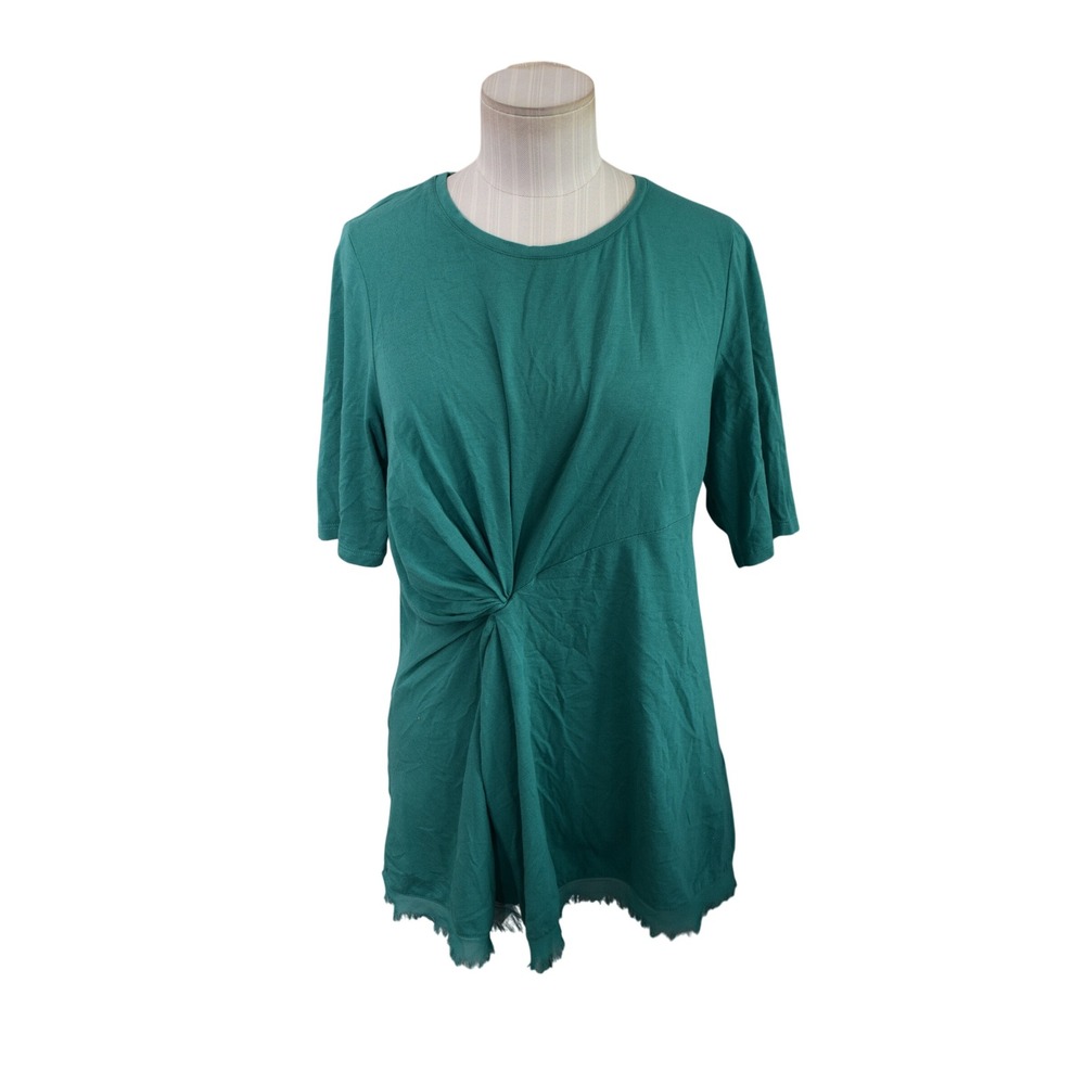 Chico's Twist Front Top 1 M Teal Green Frayed Hem Knit Tunic Women Short Sleeve
